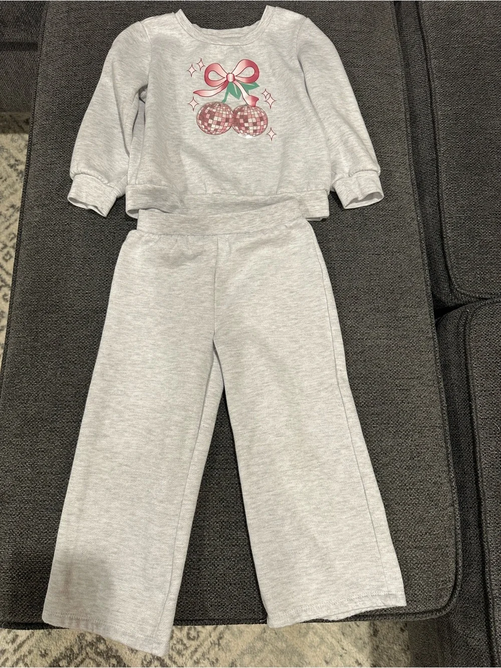 Kate Mack Light Gray Sweatpants Set with Pink Cherry Graphic